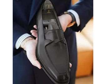 Handgefertigte schwarze Kalbsleder Slip On Dress Mokassin Schuhe Für Herren