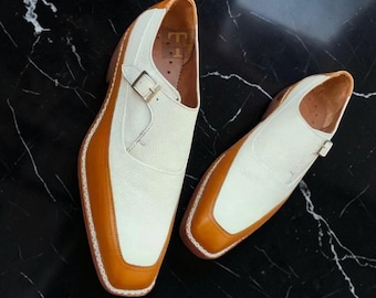 Scarpe eleganti di lusso fatte a mano in pelle bicolore con cinturino alla caviglia e cuciture norvegesi.