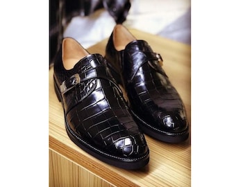 Handmade Black printed Leather Monk strap Moccasin Dress Shoes