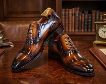 Bespoke Handmade Two Tone Leather Oxford Shoes, Cap Toe Dress Shoes