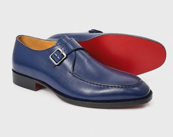 Handgefertigte marineblaue Herren-Monk-Schuhe, formelle Herrenschuhe
