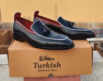 Handmade Italian Black Leather Loafers Men’s Slip On Tassel Shoes, Classic Design Shoe