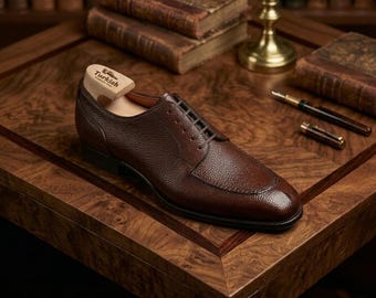 Custom made Brown Grain Leather Derby Shoes, Laces Oxford Dress shoe for men's