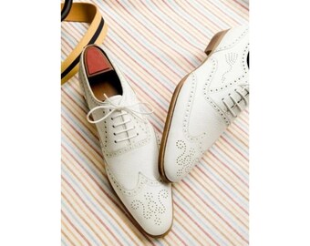 Handcrafted New Men's Genuine White Leather Oxford Brogue Wingtip Dress Shoes