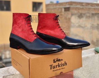 Benutzerdefinierte handgemachte Herren schwarzes Leder und rote Wildleder Stiefeletten, Geschenk für ihn