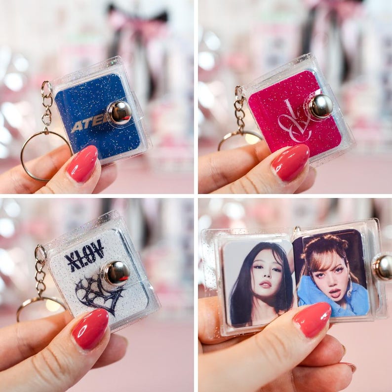 May include: A collection of clear acrylic keychains with various designs. One keychain has the word "ATEEZ" on a blue background, another has a pink background with a logo, and a third has the word "XLOV" with a heart. The last keychain has two portraits.