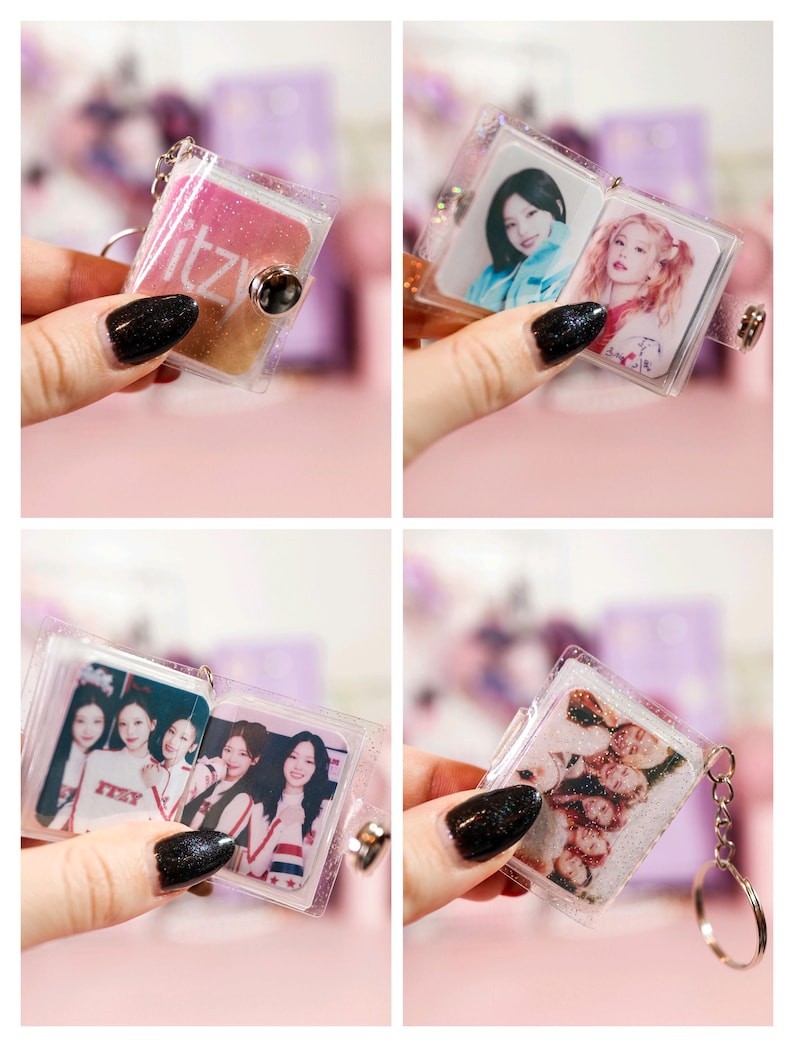 May include: Clear acrylic keychain with a silver keyring. The keychain features a small, openable book design. The book contains images of a musical group. The cover of the book has the word "ITZY" in pink and white.