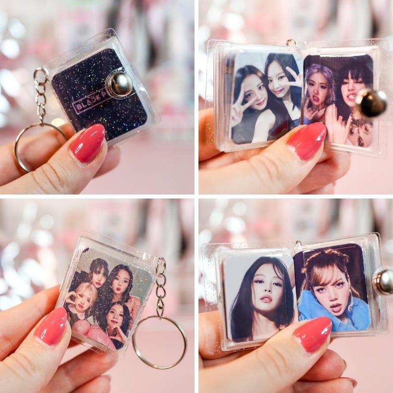 May include: Clear plastic keychain with a silver keyring. The keychain features a small, square, hinged case with photos of a musical group. One keychain has a black glitter background with the text "BLACKPINK".