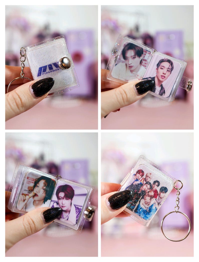 May include: Clear, glittery mini photo album keychain. The album features images of a musical group. The album is attached to a silver keyring. The album has the word "PIHARMONY" printed on the cover.