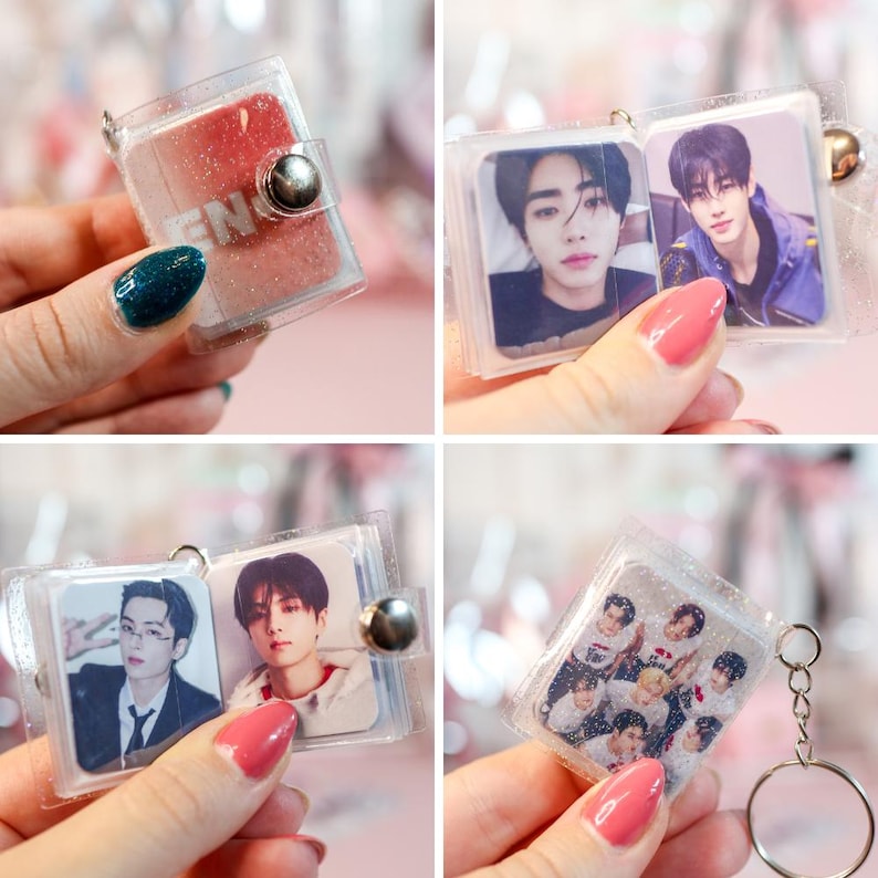 May include: Clear plastic mini photo album keychains. Each keychain features a small album with photos of people. The albums are held together with a silver metal clasp and attached to a silver keyring.