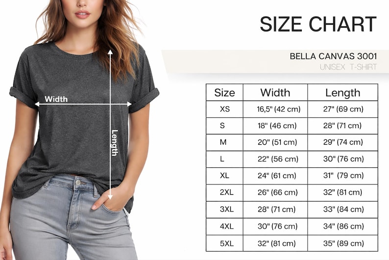 a woman wearing a gray t-shirt, with a size chart for the t-shirt displayed next to her.