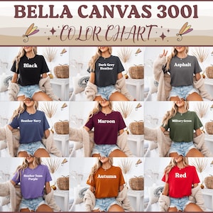 The image is a collage of nine different color charts, each depicting a woman wearing a black t-shirt with a different color. The charts are arranged in a grid format, with three rows and three columns.