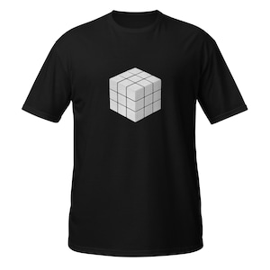 May include: Black t-shirt featuring a white Rubik's Cube design. The graphic is centered on the chest. The shirt has short sleeves and a crew neck. The fabric appears to be a soft, comfortable material.
