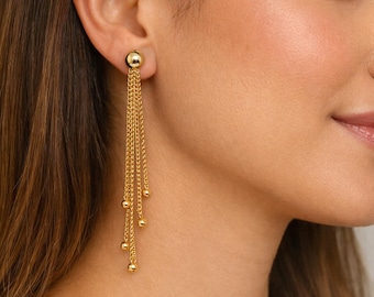 14K Solid Gold Tassel Chain Drop Earrings, Minimalist Dangle Fine Jewelry