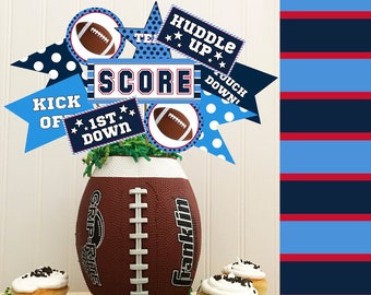 May include: Football themed party decorations with blue and white polka dot banners, stars, and a football shaped vase. The banners have text that reads "Huddle Up", "Score", "Touch Down", "Kick Off", and "1st Down".