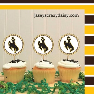 DIY Printable Brown and Gold Wyoming Cowboys Cupcake Toppers, University of Wyoming, Pokes, Bucking Horse, Steamboat Automatic Download