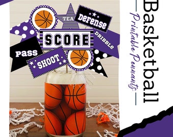 Fanions de basket-ball noirs et violets imprimables bricolage