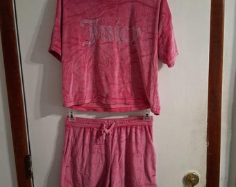 Pijama de terciopelo rosa con pedrería, estilo vintage auténtico Y2K de JUICY COUTURE, talla M.