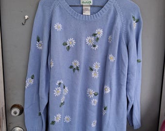Vintage Cottagecore Y2k Quacker Fabrik Sky Blue Margeriten Pullover 2x EUC XXL