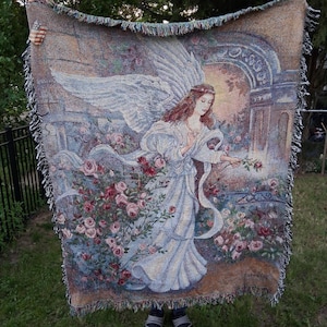 NUOVA CON ETICHETTA Arazzo Vintage Angelo dell'Amore Coperta Lena Lui Cotone USA immagine 1