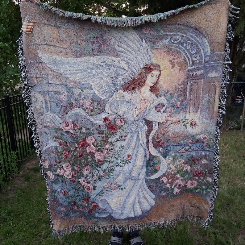 NUOVA CON ETICHETTA Arazzo Vintage Angelo dell'Amore Coperta Lena Lui Cotone USA immagine 1