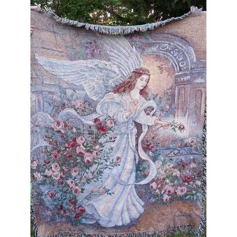 NUOVA CON ETICHETTA Arazzo Vintage Angelo dell'Amore Coperta Lena Lui Cotone USA immagine 2