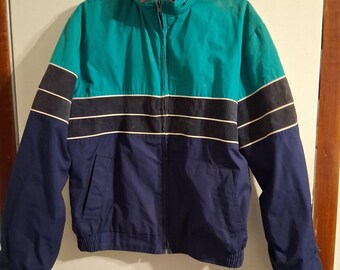 VTG Nerdcore Jacke Navy Blau Teal w / Grau Cord Streifen Versteckte Kapuze Punk EUC L