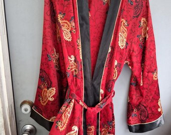 Vintage 90s Y2K Red Satin Paisley AOP Kimono Style Robe L XL