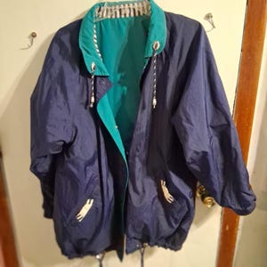 Women's Vintage 80s CS Essentials reversible rain jacket L teal navy stripe VGUC
