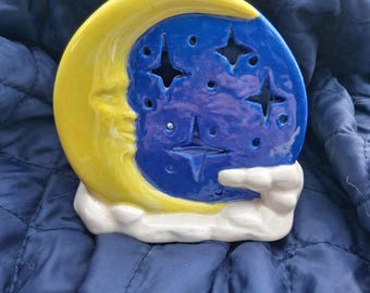 Portacandele in ceramica smaltata vintage anni '90, fatto in casa, con luna e stelle.