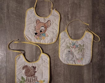 Vtg Disney Embroidered Cross-stitch Baby Bibs-Bambi Thumper Squirrel Lot Of 3