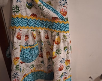 Vtg Pier 1 Apron AOP Bright Pineapple Teal Yellow Rickrack Magenta Tradwife