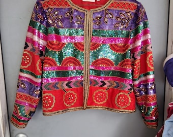 Vintage Seide Verzierte Multicolor Jacke 80er 90er Jahre Moonlite XL Atemberaubend