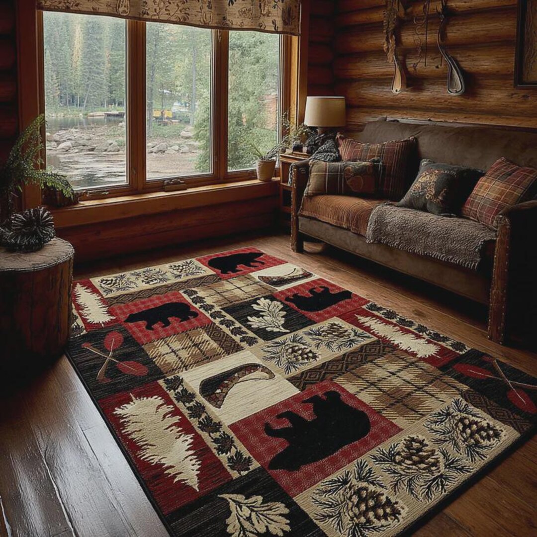 Rustic Bear Cabin Rug, Wilderness Patchwork Printed Area Carpet - Etsy