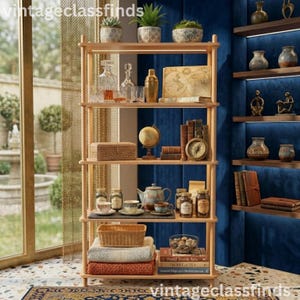 May include: A light wood, multi-shelf bookcase filled with decorative items. The shelves hold potted plants, glassware, books, a globe, a compass, tea sets, jars, and a woven basket. The text "vintageclassfinds" is visible in the top left and bottom right corners.