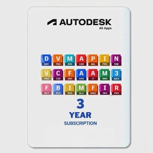 May include: A white card with the Autodesk logo and the text "All Apps." It features colorful blocks with software names and a "3 YEAR SUBSCRIPTION" label.