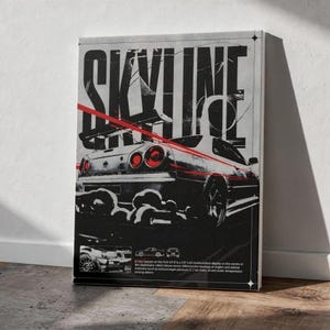 Könnte beinhalten: Schwarz-weiß Poster mit einem Skyline-Auto mit roten Akzenten. Das Wort "SKYLINE" steht oben. Das Poster enthält technische Details zum Auto. Das Poster hat eine rechteckige Form.