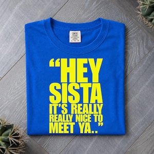 Peut inclure: Un t-shirt bleu vif à manches courtes avec un texte jaune en gras qui indique : "HEY SISTA IT'S REALLY REALLY NICE TO MEET YA.." Le t-shirt possède un col rond et une étiquette de cou blanche avec la marque Comfort Colors et la taille L-G-G.