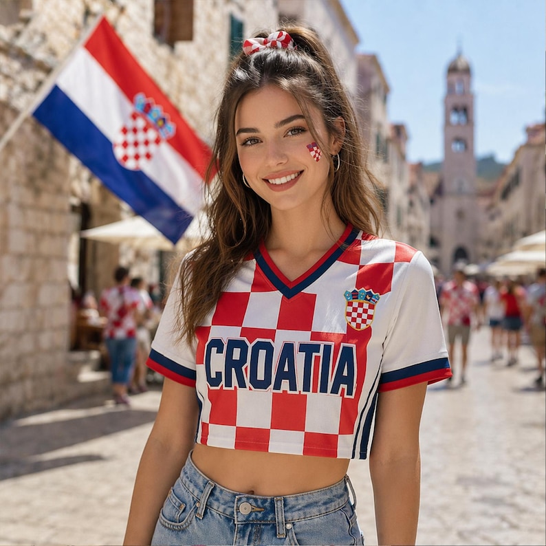 Op de afbeelding: Een gecropt wit en rood geblokt Kroati&euml; voetbalshirt met het woord "CROATIA" in marineblauw. Het shirt heeft een marineblauwe V-hals en rode en marineblauwe afwerking. Een Kroatische vlag is op de achtergrond.