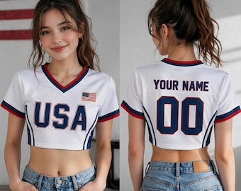 Aangepaste croptop voetbalshirt VS, gepersonaliseerde naam crop top, shirt WK 2026, sportieve meisjesoutfit, cadeau voor vrouwen
