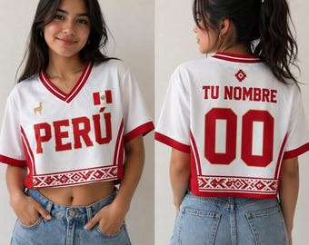 Aangepaste Peru voetbal croptop jersey, gepersonaliseerde naam crop top, shirt WK 2026, sportieve meisjesoutfit, cadeau voor vrouwen