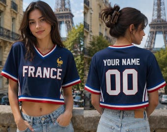 Aangepaste Franse voetbalshirt croptop, gepersonaliseerde naam crop top, shirt WK 2026, sportieve meisjesoutfit, cadeau voor vrouwen