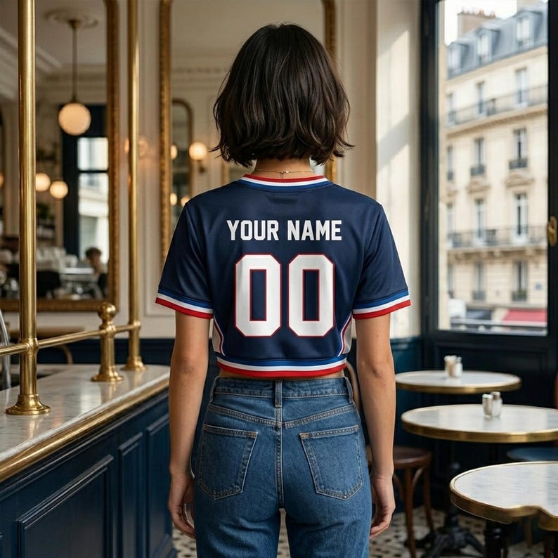 May include: A navy blue crop top jersey with the text "YOUR NAME" and the number "00" in white. The jersey has red and white trim on the sleeves and neckline. The person is wearing blue jeans.