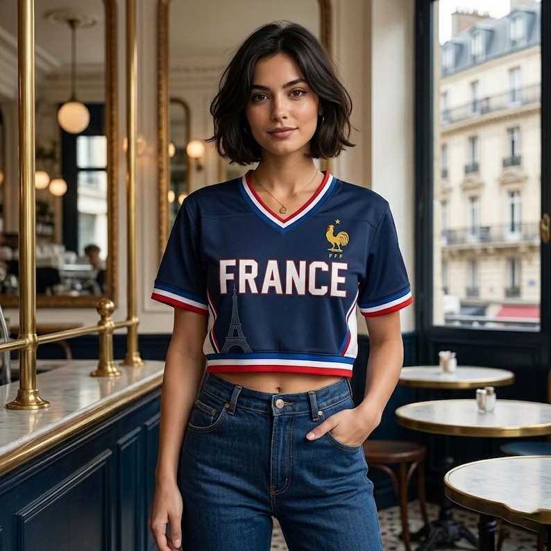 May include: A navy blue crop top with the word "FRANCE" in white block letters. The shirt has red and white trim, a V-neck, and a gold rooster emblem. The Eiffel Tower is also featured on the shirt. The person is wearing blue jeans.