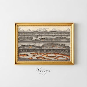 Puede incluir: Una impresión enmarcada con un marco dorado. La impresión presenta una ilustración detallada en sección transversal de un mundo de fantasía con varios niveles, incluyendo cavernas y lava. La impresión tiene el texto "Norvyn Prints" en la parte inferior.