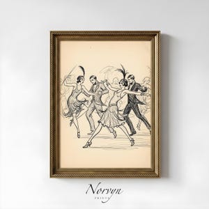 May include: Framed black and white illustration of a group of people dancing, reminiscent of the Roaring Twenties. The artwork features flapper dresses and suits, with the word "Norvyn Prints" at the bottom.