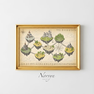 May include: A framed print featuring a fantasy map with floating islands, castles, and connecting bridges. The map has a vintage aesthetic with a compass rose and decorative text. The frame is gold, and the print is labeled "Norvyn Prints".