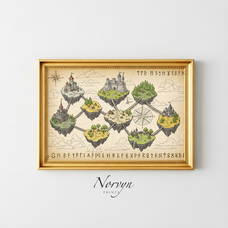 May include: A framed print featuring a fantasy map with floating islands, castles, and connecting bridges. The map has a vintage aesthetic with a compass rose and decorative text. The frame is gold, and the print is labeled "Norvyn Prints".