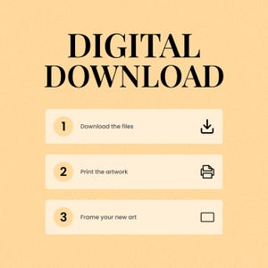 May include: A graphic with the words "DIGITAL DOWNLOAD" in large, bold, black letters. Below, three steps are outlined: "Download the files," "Print the artwork," and "Frame your new art," each with an icon.