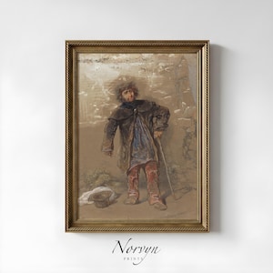 Könnte beinhalten: Ein gerahmter Vintage-Druck eines Mannes in zerrissener Kleidung, der sich auf einen Stock stützt. Das Kunstwerk weist gedämpfte Töne von Braun, Blau und Rot auf, mit einem goldfarbenen, verzierten Rahmen. Ein Hut liegt am Boden in der Nähe der Figur.